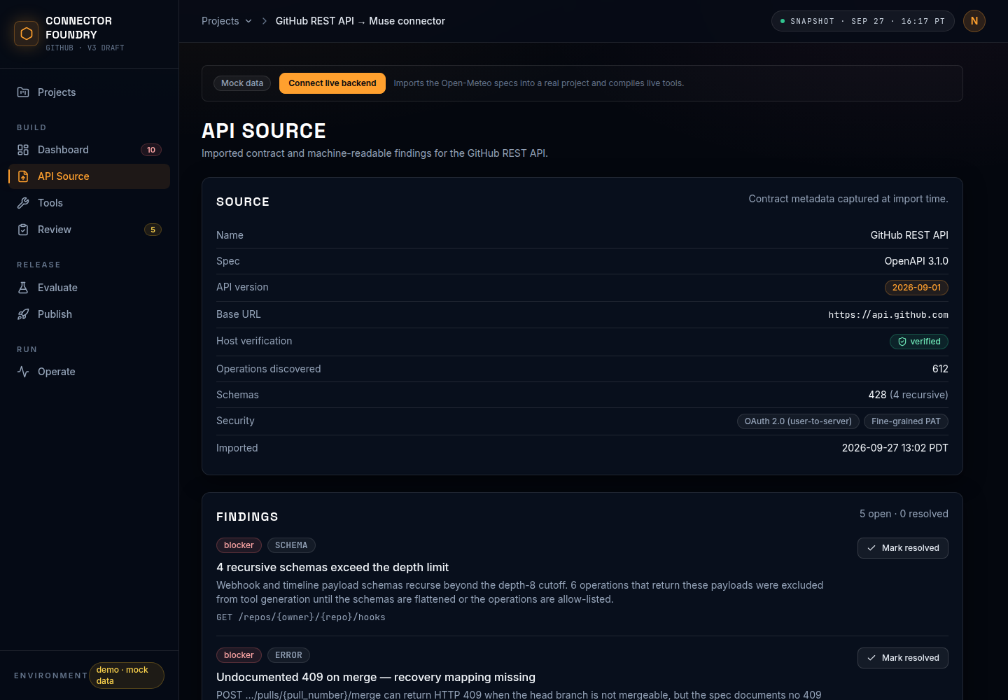 Import screen: GitHub REST API source summary and import findings
