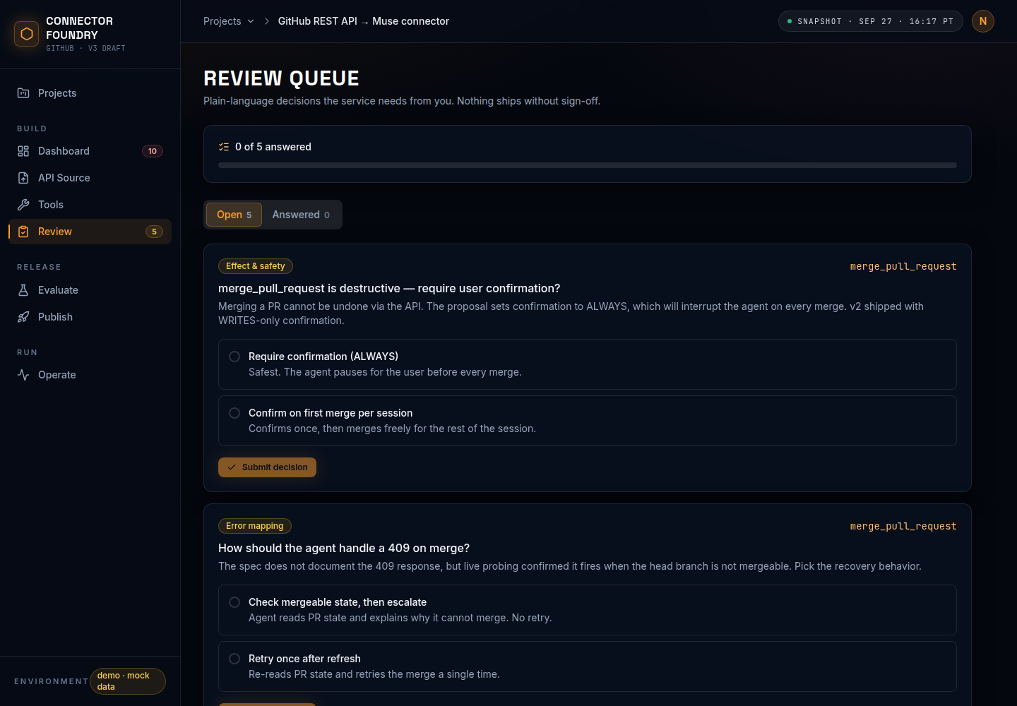 Review screen: decision queue with five open questions