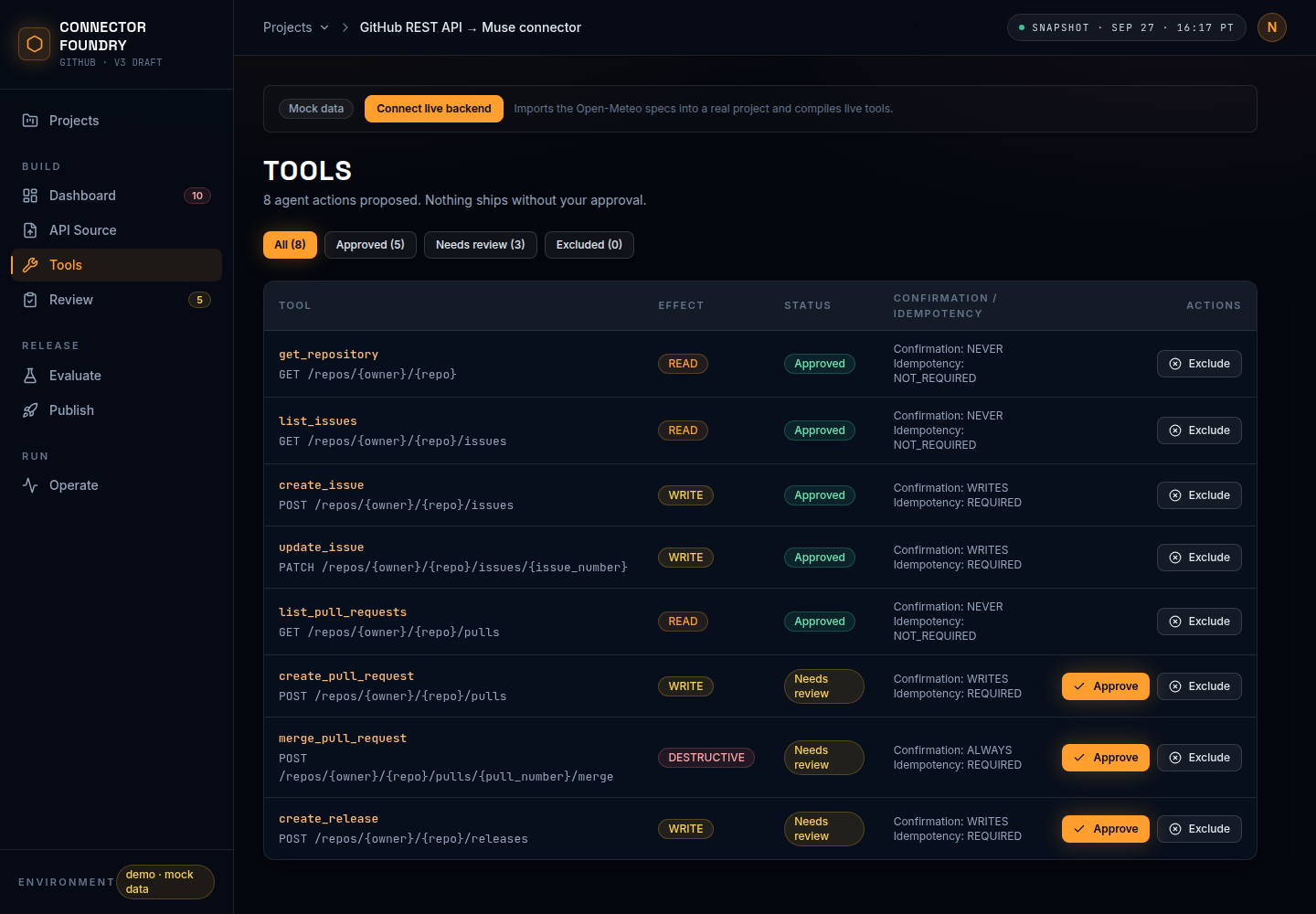 Tools screen: curated agent tools with effect badges and approval status